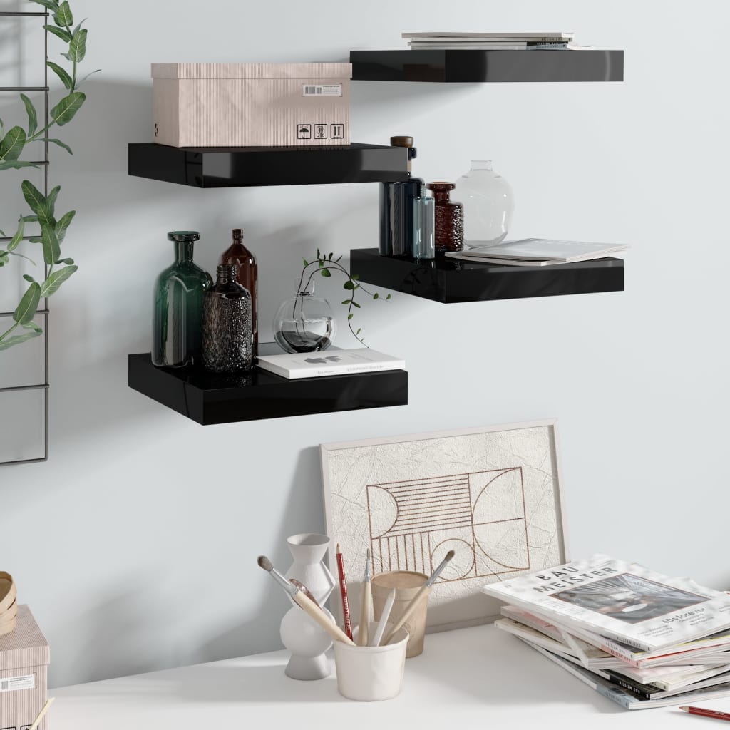 Floating Wall Shelves 4 pcs High Gloss Black 23x23.5x3.8 cm MDF