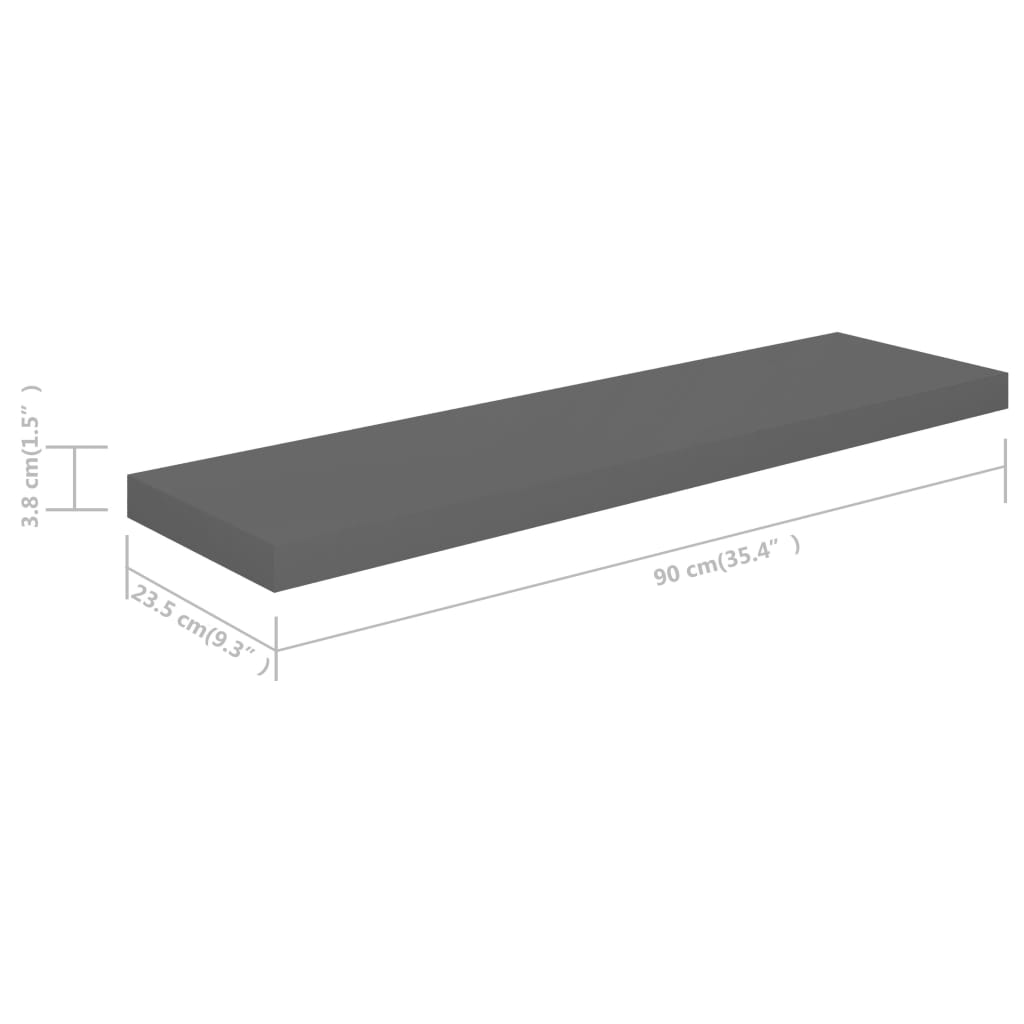 Floating Wall Shelf High Gloss Grey 90x23.5x3.8 cm MDF