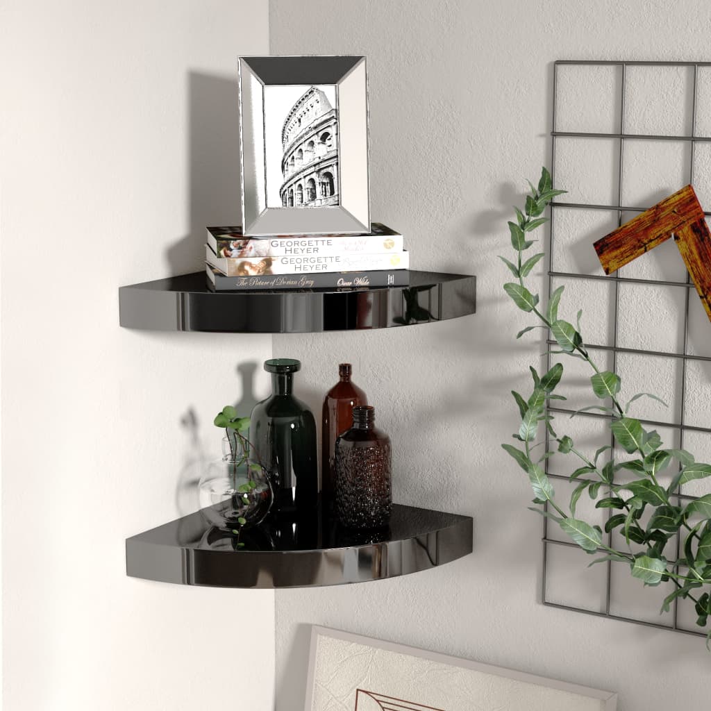 Floating Corner Shelves 2 pcs High Gloss Black 25x25x3.8 cm MDF