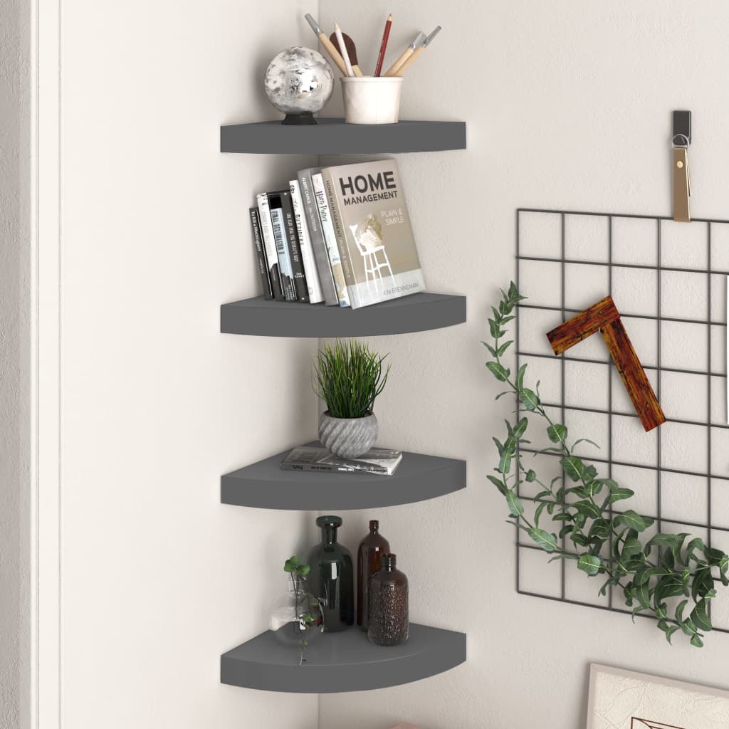 Floating Corner Shelves 4 pcs High Gloss Grey 25x25x3.8 cm MDF