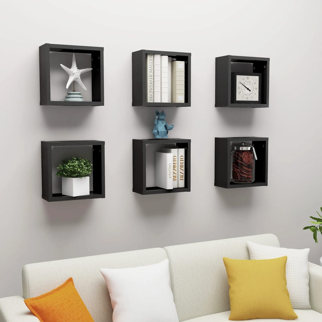 Wall Cube Shelves 6 pcs Black 30x15x30 cm