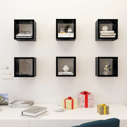 Wall Cube Shelves 6 pcs High Gloss Black 22x15x22 cm