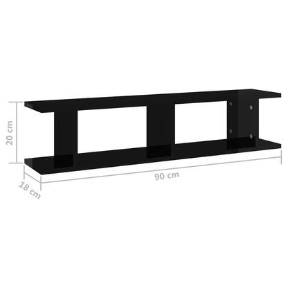 Wall Shelf 2 pcs High Gloss Black 90x18x20 cm Engineered Wood