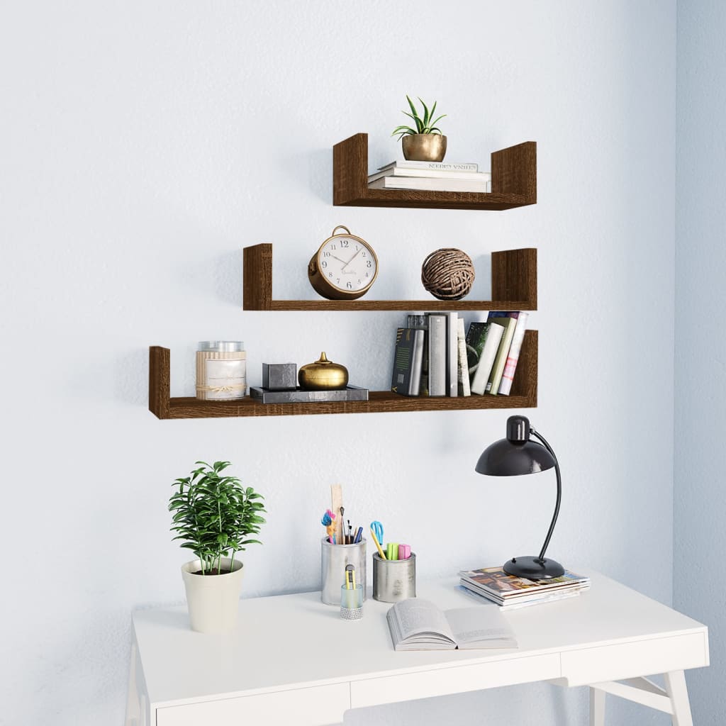 Wall Display Shelves 3 pcs Brown Oak Engineered Wood