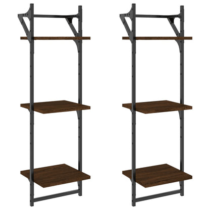 3-Tier Wall Shelves with Bars 2 pcs Brown Oak 30x25x100 cm