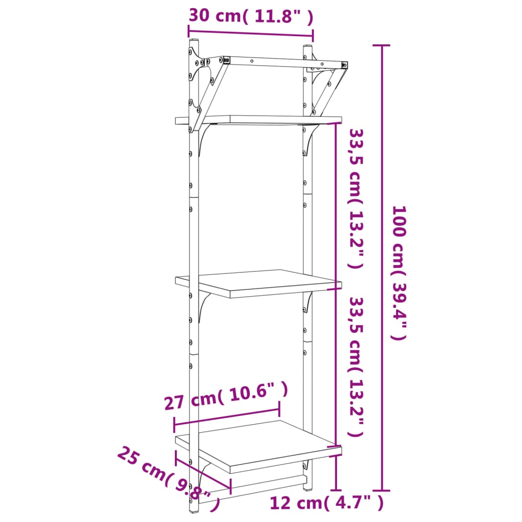 3-Tier Wall Shelves with Bars 2 pcs Brown Oak 30x25x100 cm