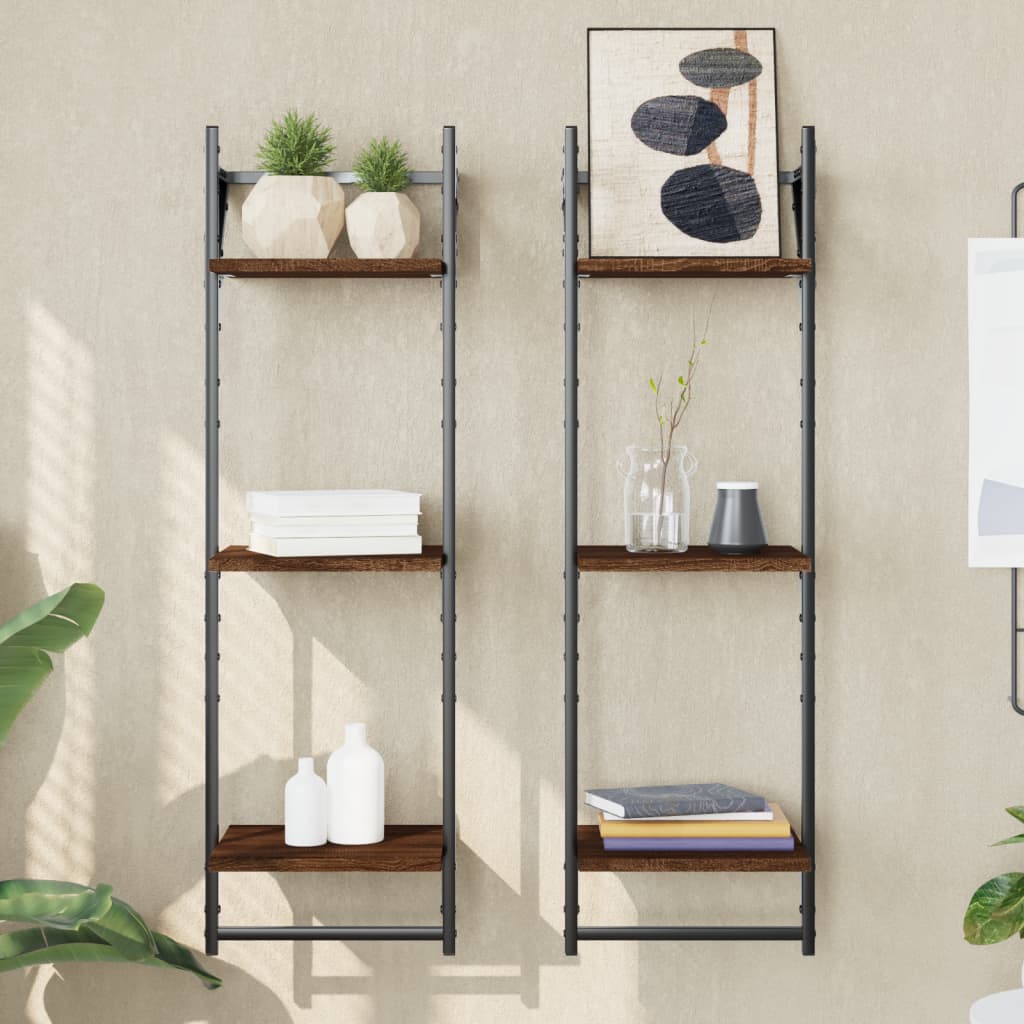 3-Tier Wall Shelves with Bars 2 pcs Brown Oak 30x25x100 cm