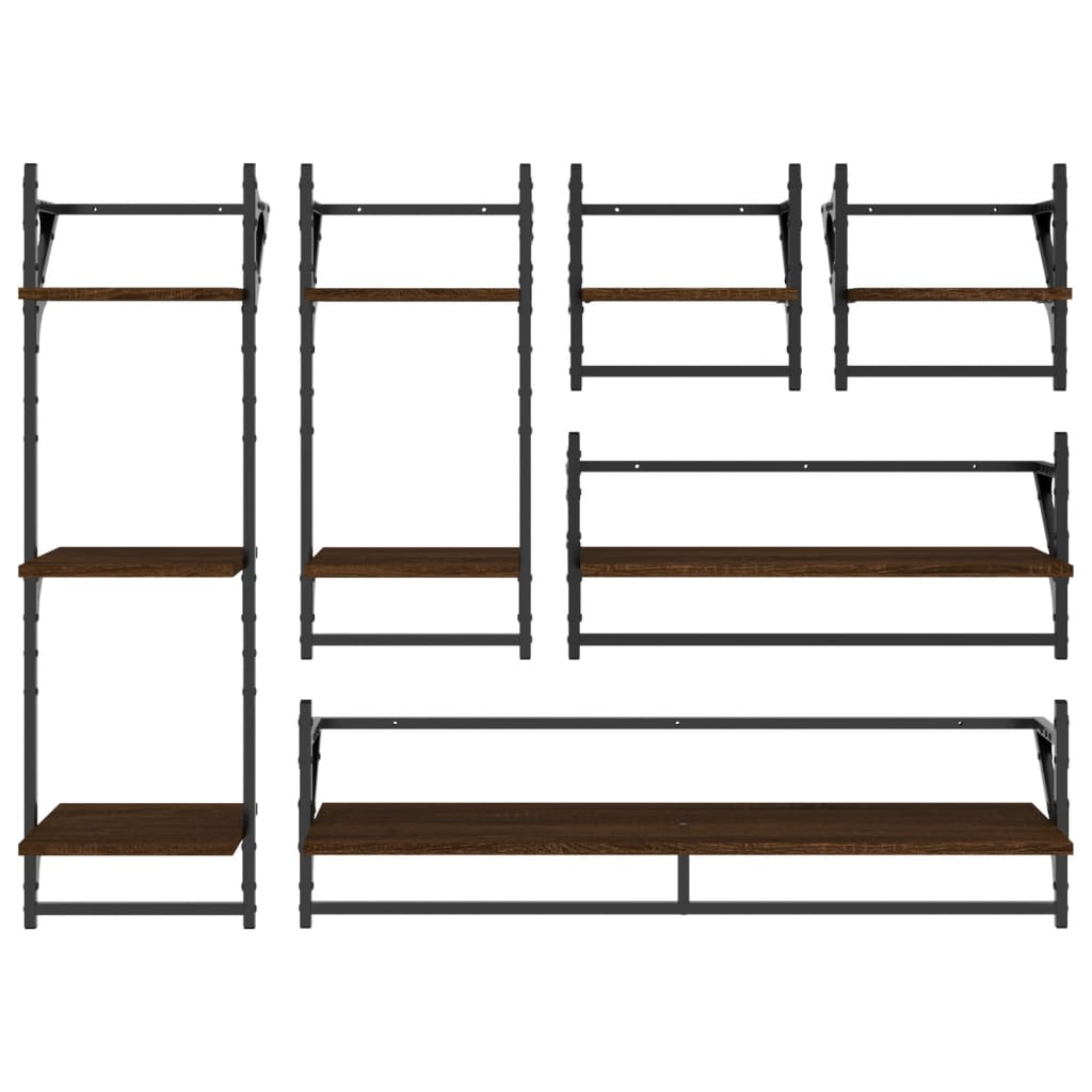 6 Piece Wall Shelf Set with Bars Brown Oak Engineered Wood