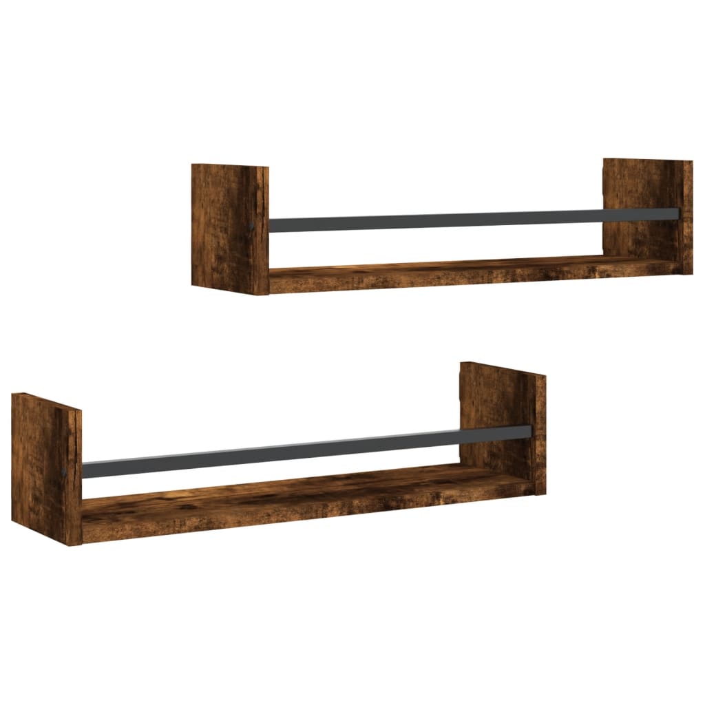 Wall Shelves with Bars 2 pcs Smoked Oak 60x16x14 cm