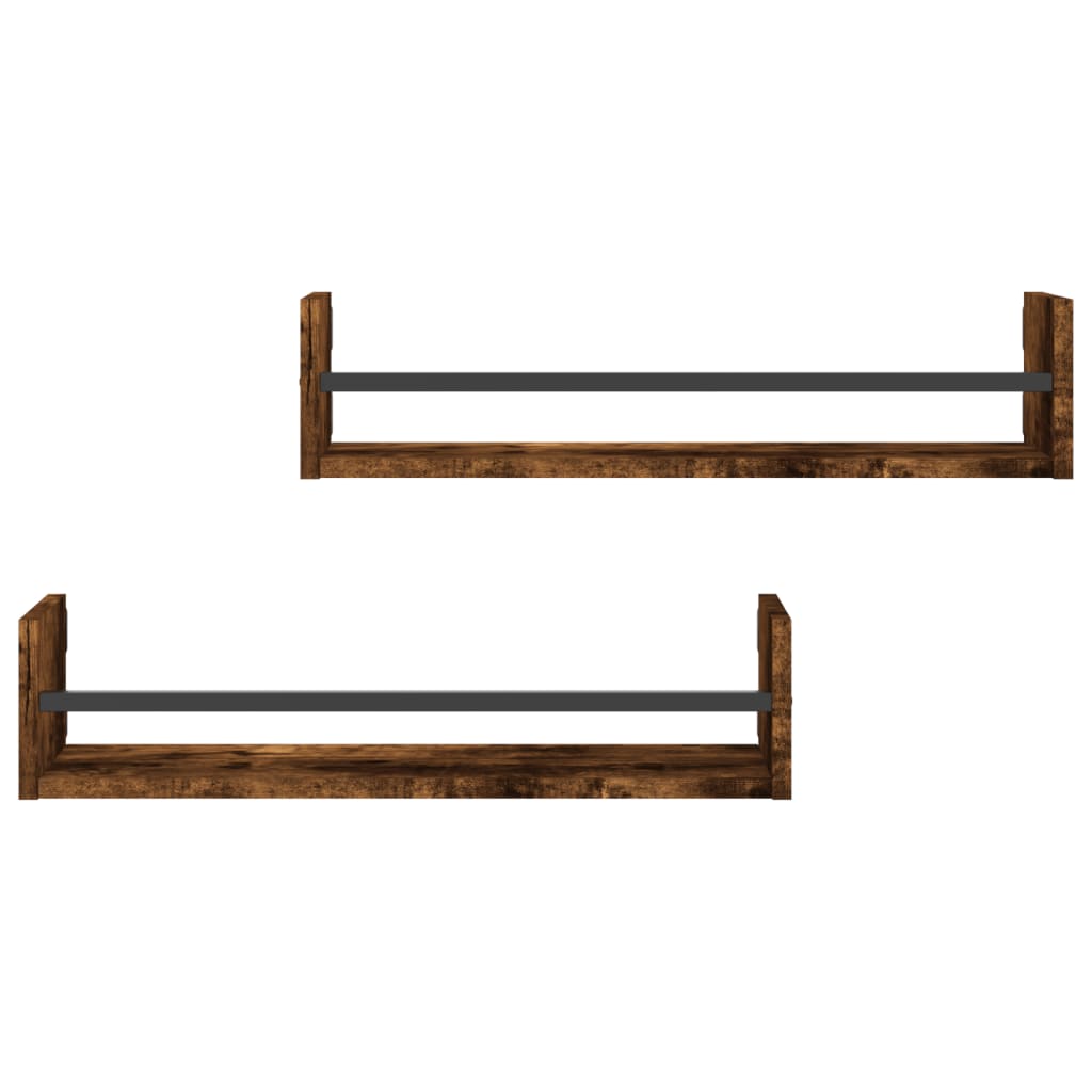 Wall Shelves with Bars 2 pcs Smoked Oak 60x16x14 cm