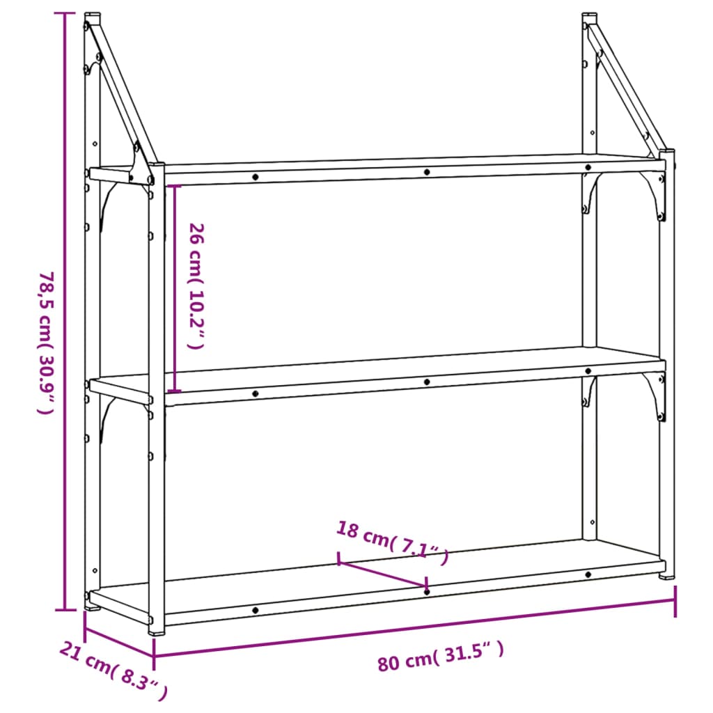 3-Tier Wall Shelf Black 80x21x78.5 cm Engineered Wood